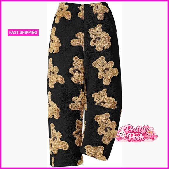 Fuzzy Teddy Bear Fleece Pants Elastic Waist Wide Leg Sweatpants